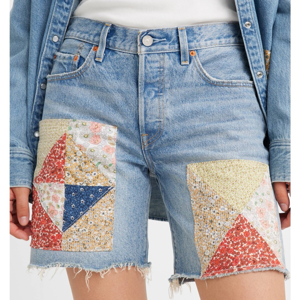 Levi's Blue and Red Jean Shorts with Patchwork Design